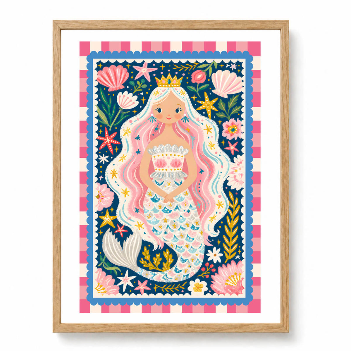 Mermaid Treasure wall art in natural timber frame