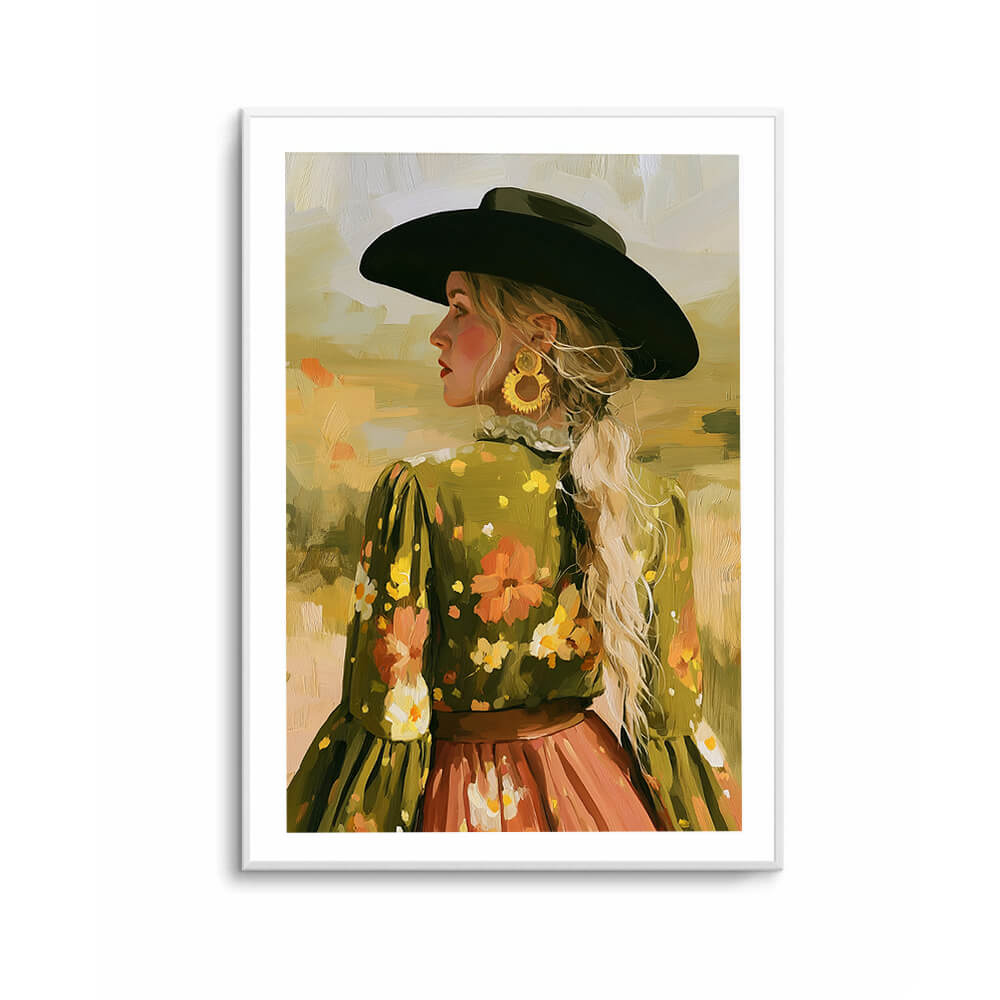 Feminine cowgirl portrait print for boho interiors