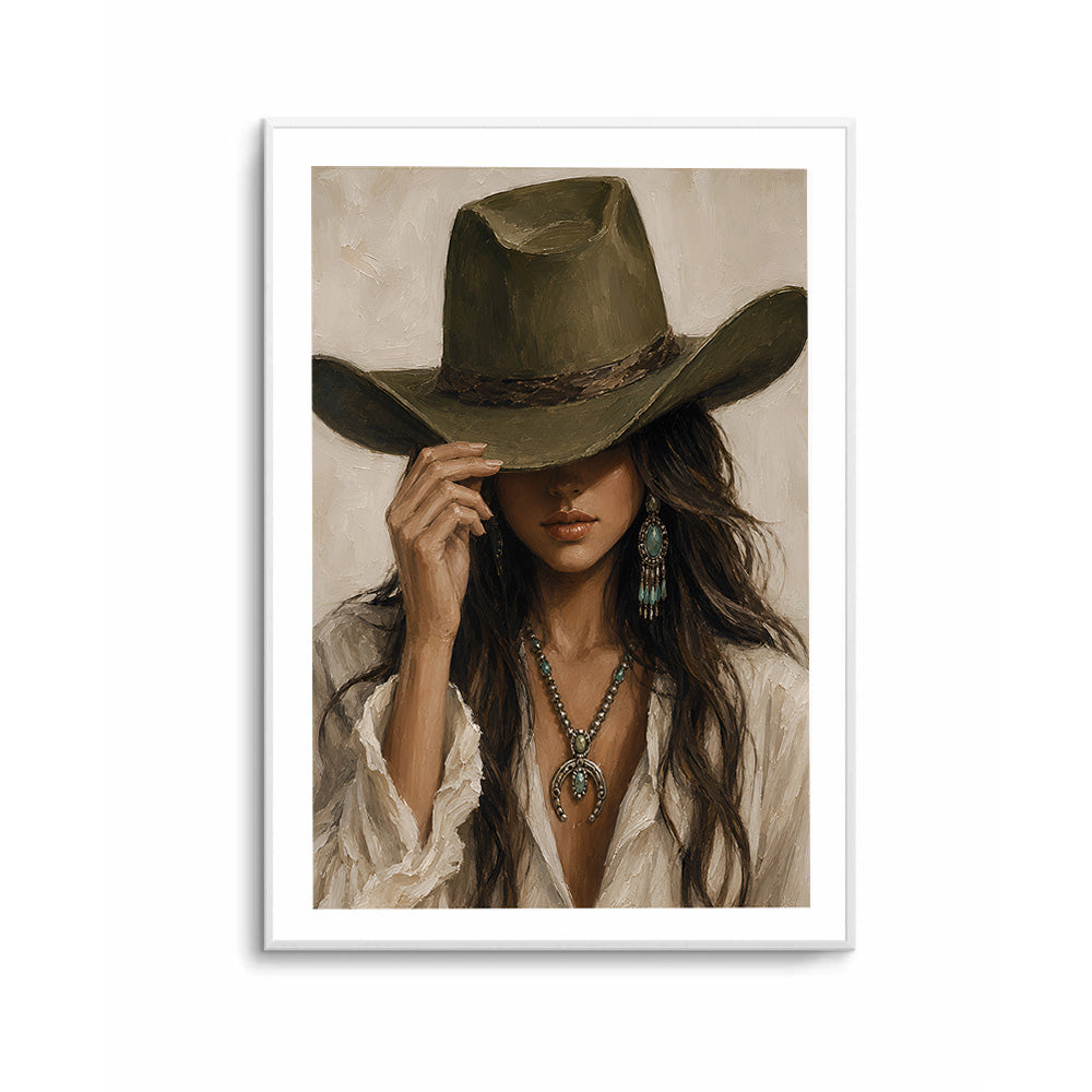 Painterly cowgirl artwork with turquoise jewellery