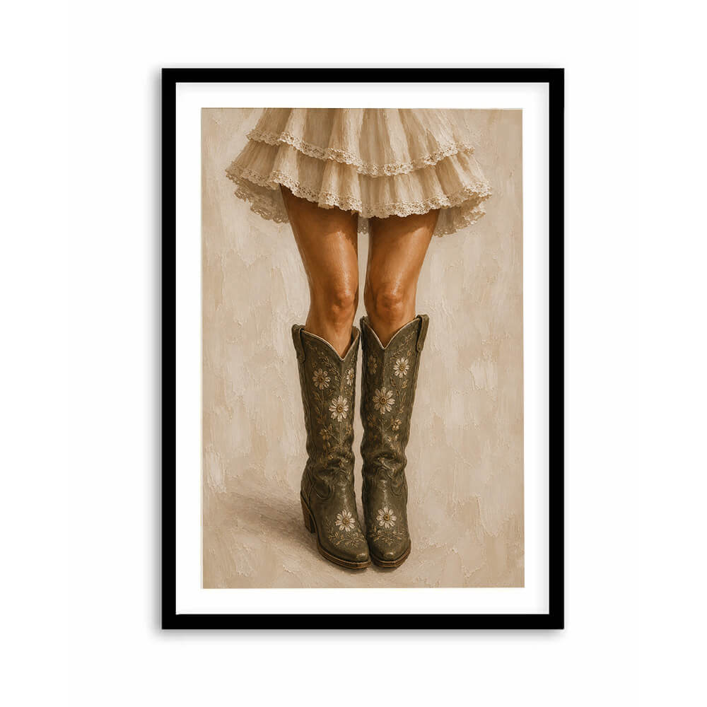 Southwestern cowgirl boots print in cosy Australian farmhouse bedroom