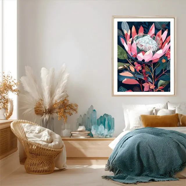 olorful abstract protea flower artwork featuring bright pink petals and artistic design inspired by Australian botanical themes