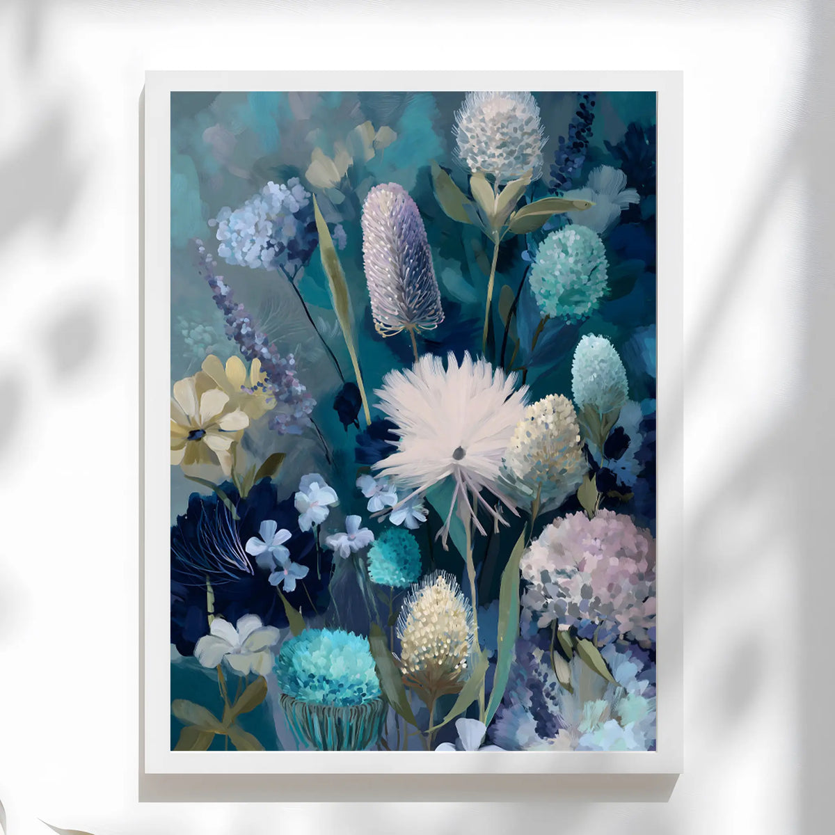 painting of Australian native flowers in soft blue and teal tones, featuring banksias and wild blooms on a moody botanical background.
