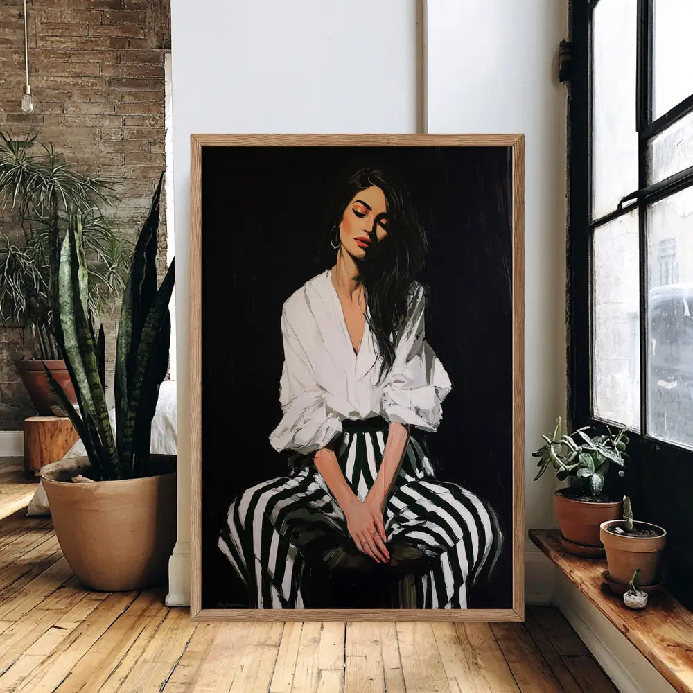 Abstract black and white painting of a woman in stripes