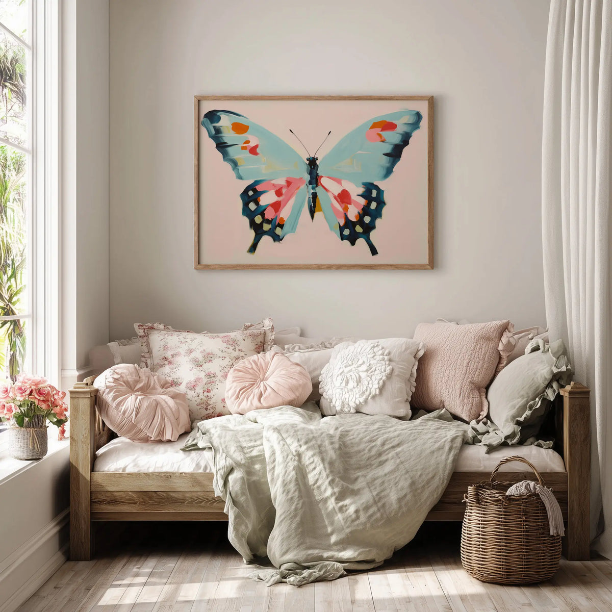 Pastel butterfly oil print for a girl’s bedroom, soft and whimsical wall art