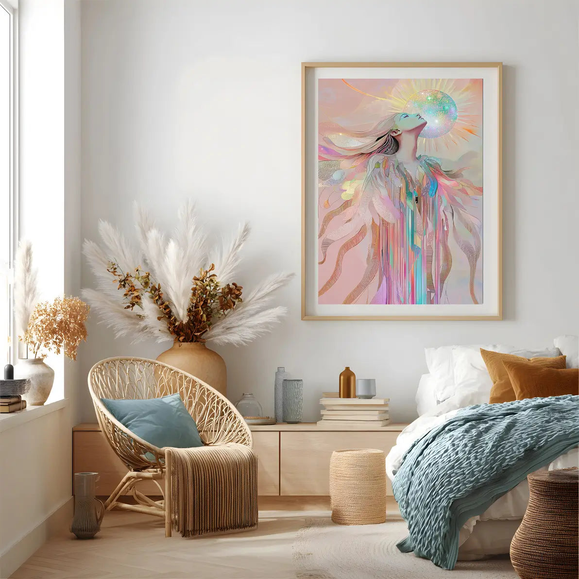 Celestial woman surrounded by flowing pastel feathers