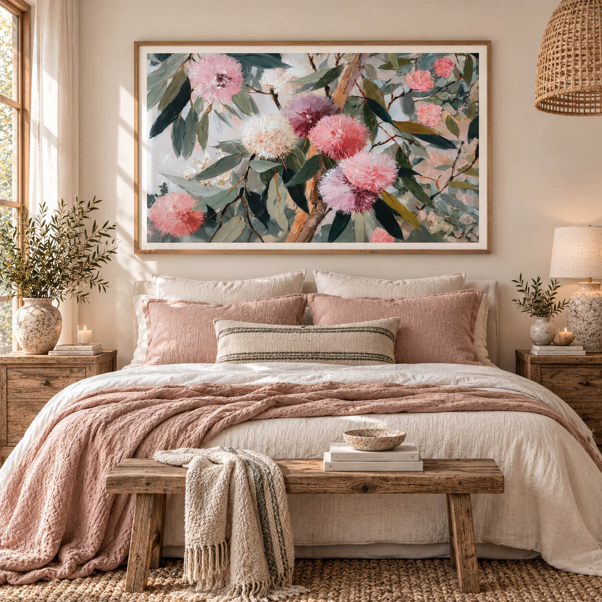 Australian native floral wall art featuring pink eucalyptus blossoms in a natural timber frame above a console table