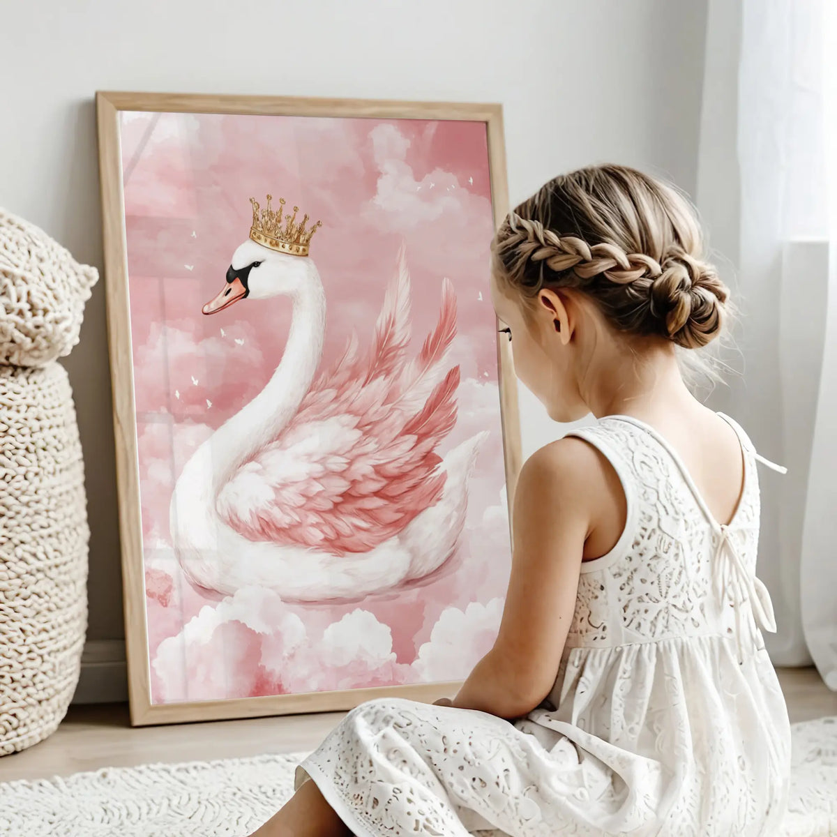 Elegant pink swan with gold crown wall art for girls nursery