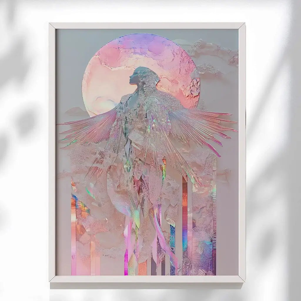 pink goddess wall art with moon irradised colours