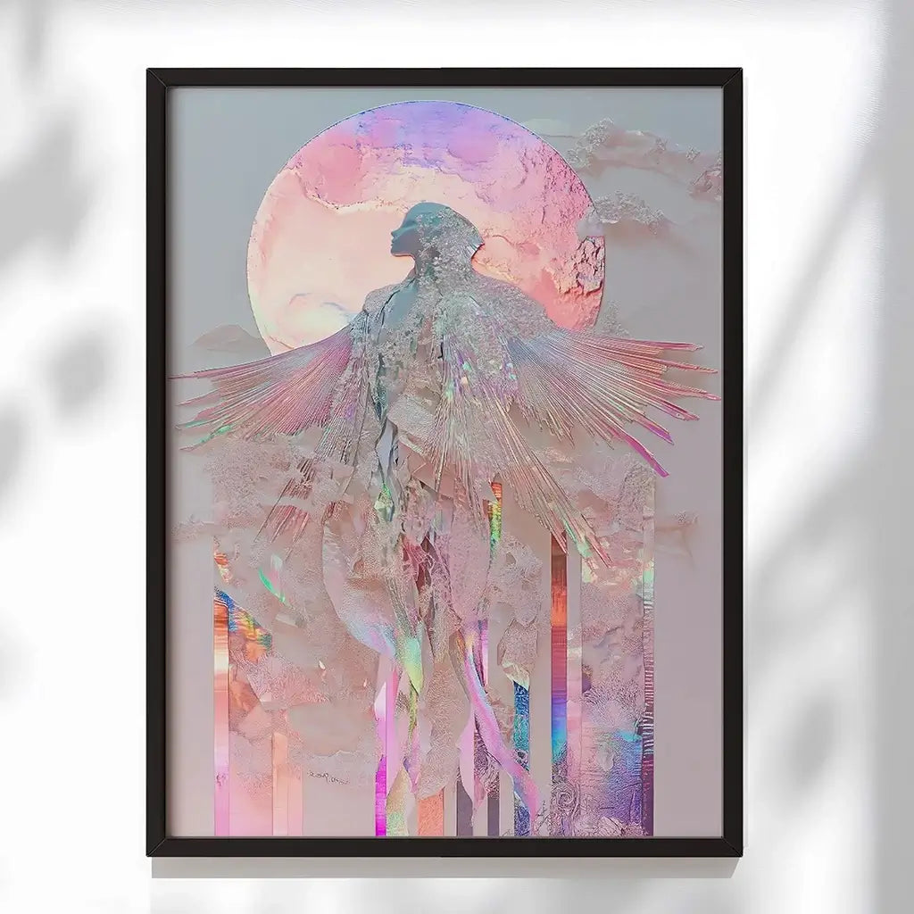 pink goddess wall art with moon irradised colours