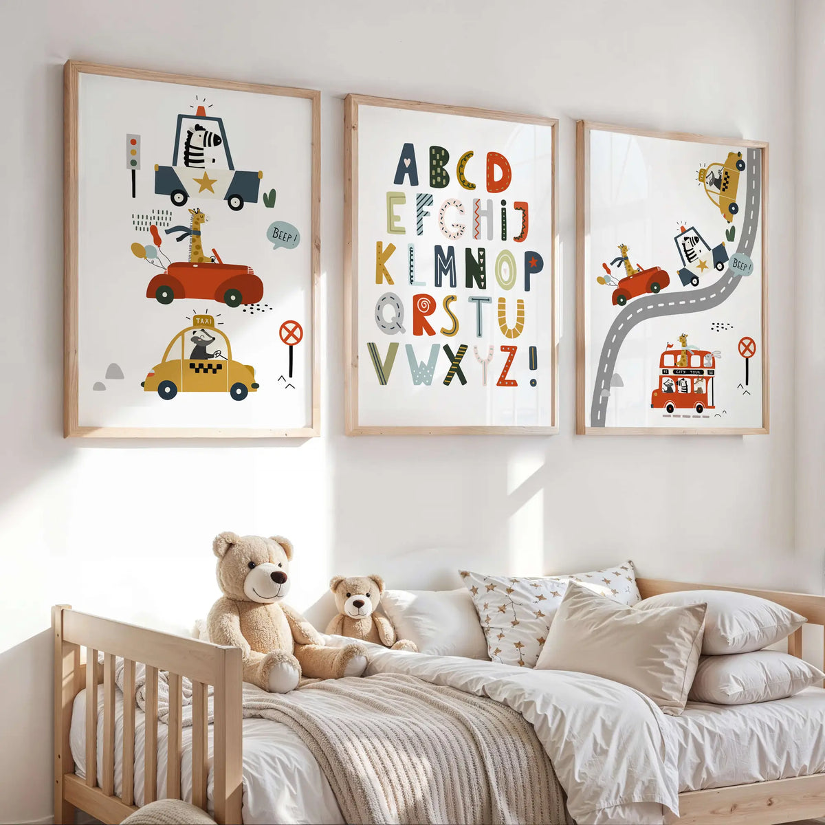 Play room with this set of three colorful car and alphabet wall art prints.