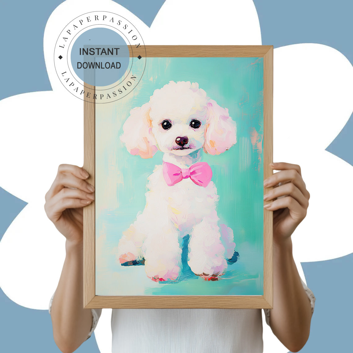 white poodle on aqua back ground digital download print pink bow tye
