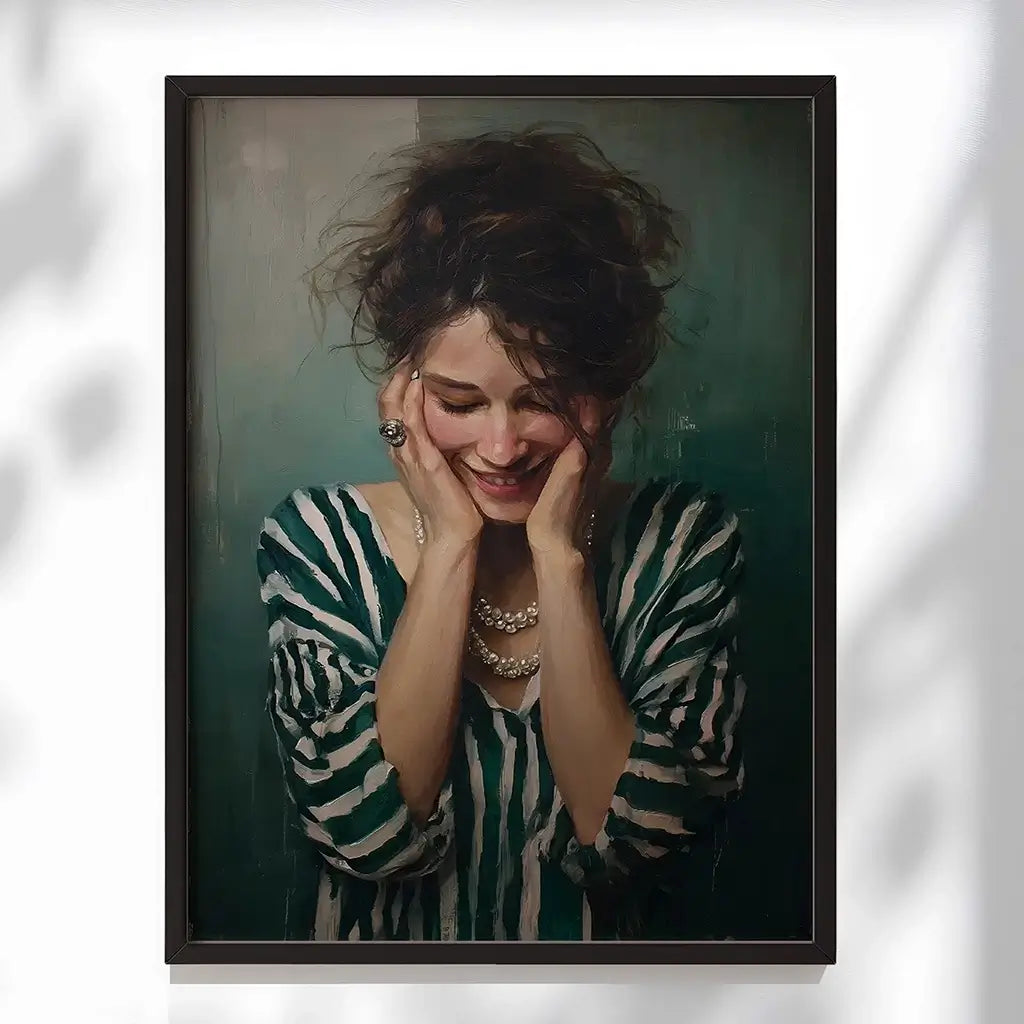 emerald green portrait woman in a striped top holding her hands to her face smiling eyes closed