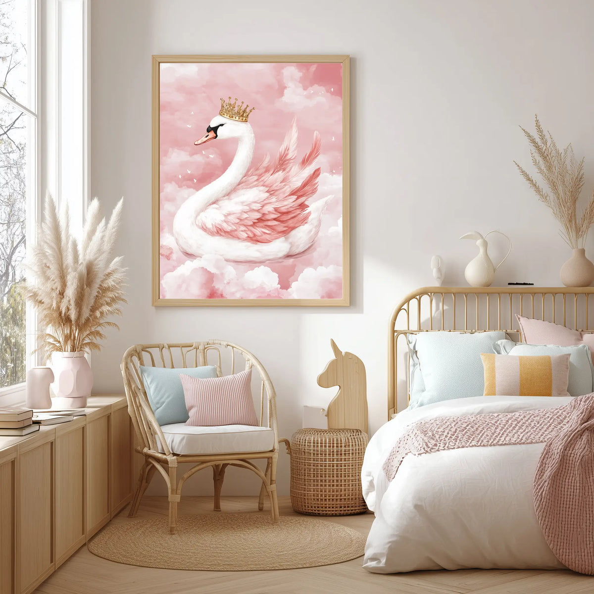 Swan wall print with crown for baby girl bedroom decor