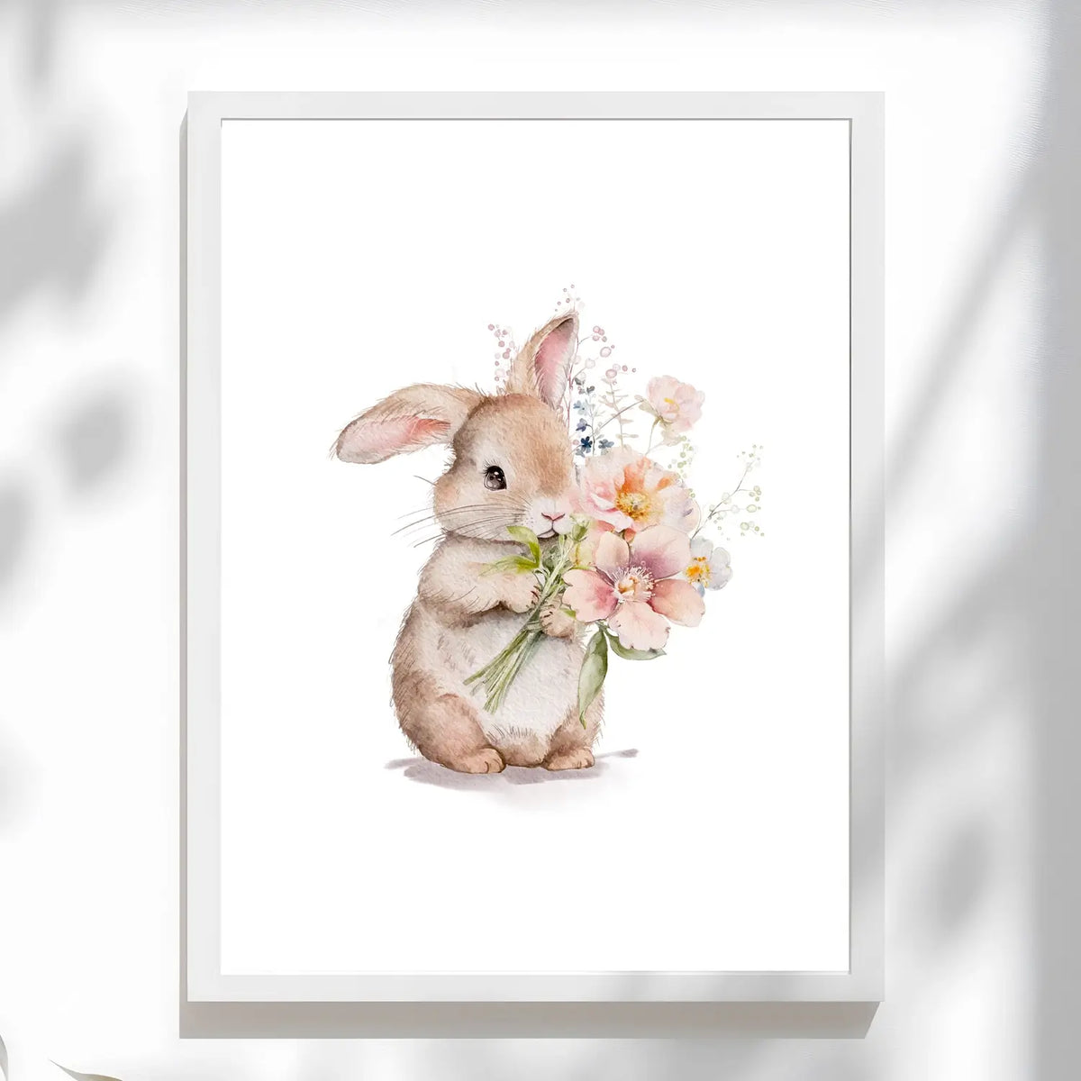 rabbit nursery wall art with flower bouquet