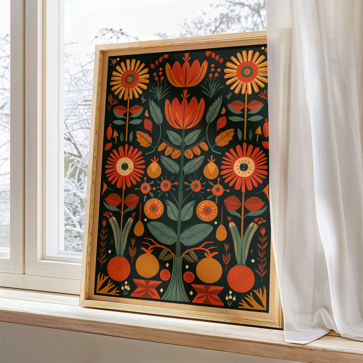 Mexican art print inspired by traditional folk artwork and retro design