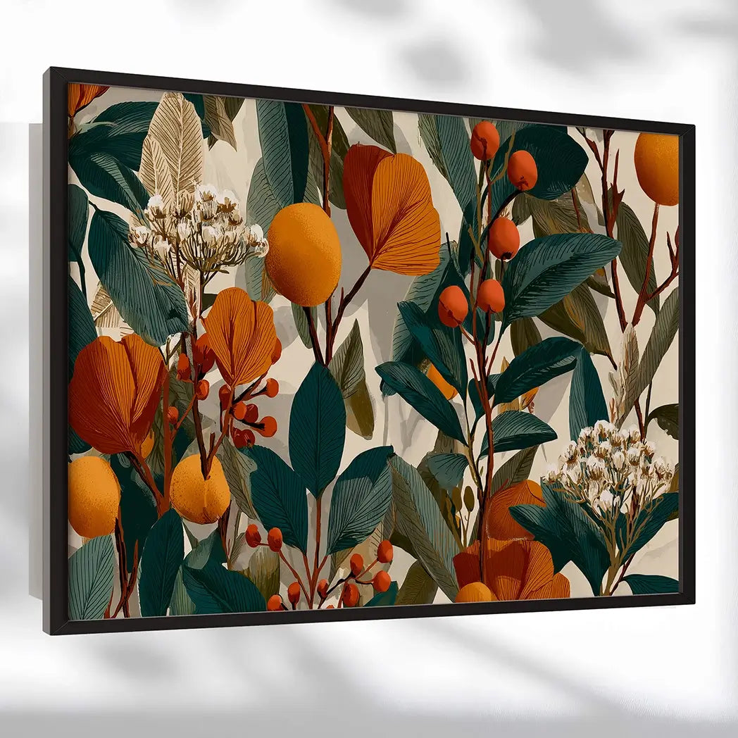 Nature inspired rustic art print featuring abstract leaves in orange, green, and beige