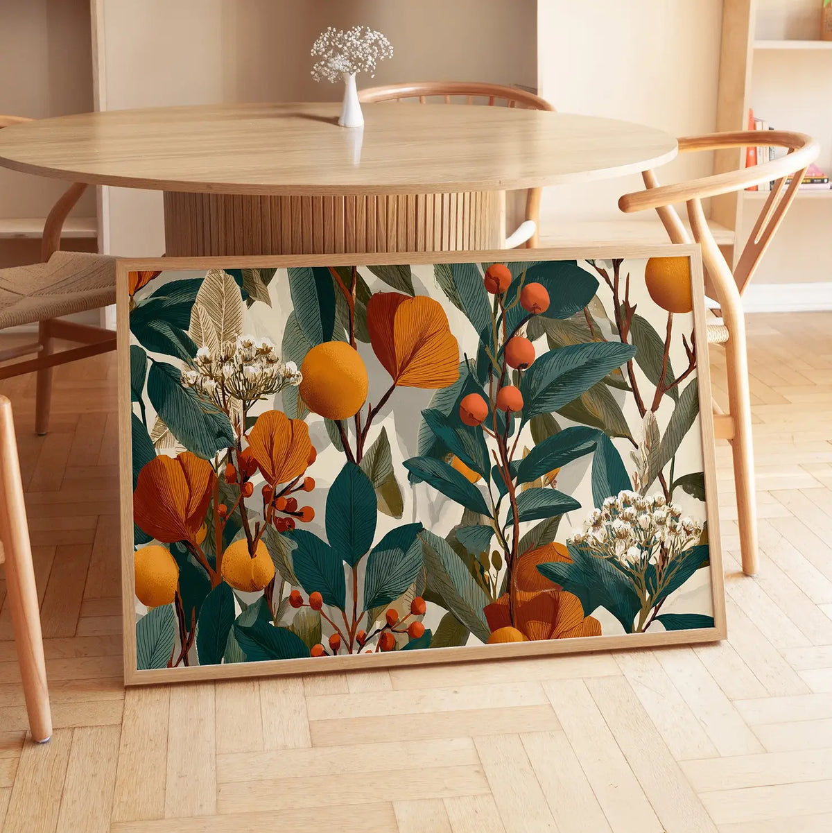 Earthy autumn inspired botanical artwork in warm terracotta and natural green tones
