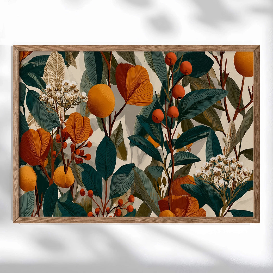Minimalist plant illustration with rustic foliage in orange, green, and beige