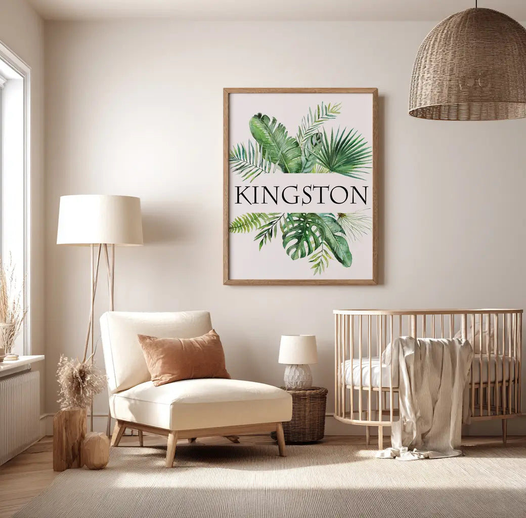 Customisable safari name print with green foliage for kids’ nursery