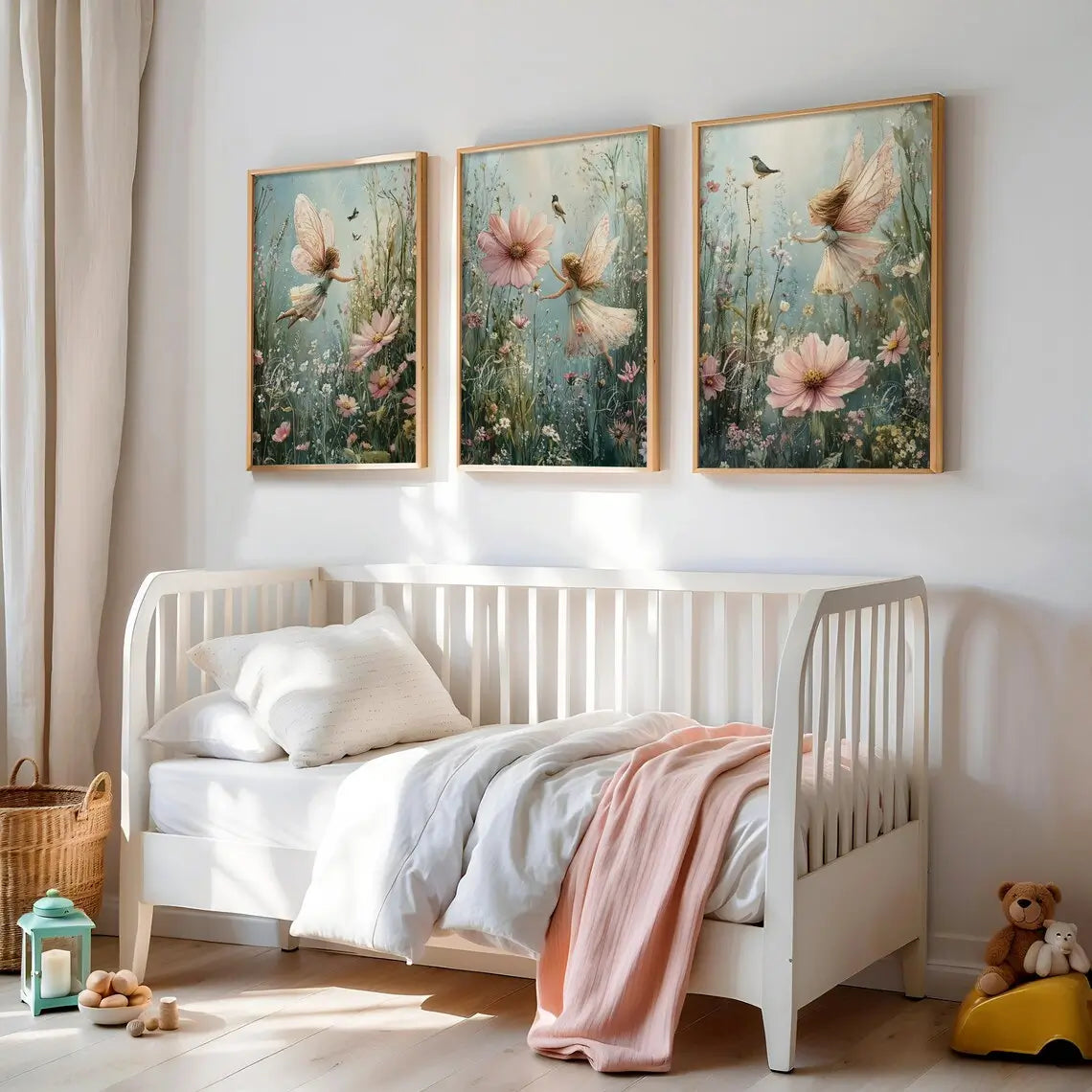 Girls fairy nursery wall art in sage green set of 3