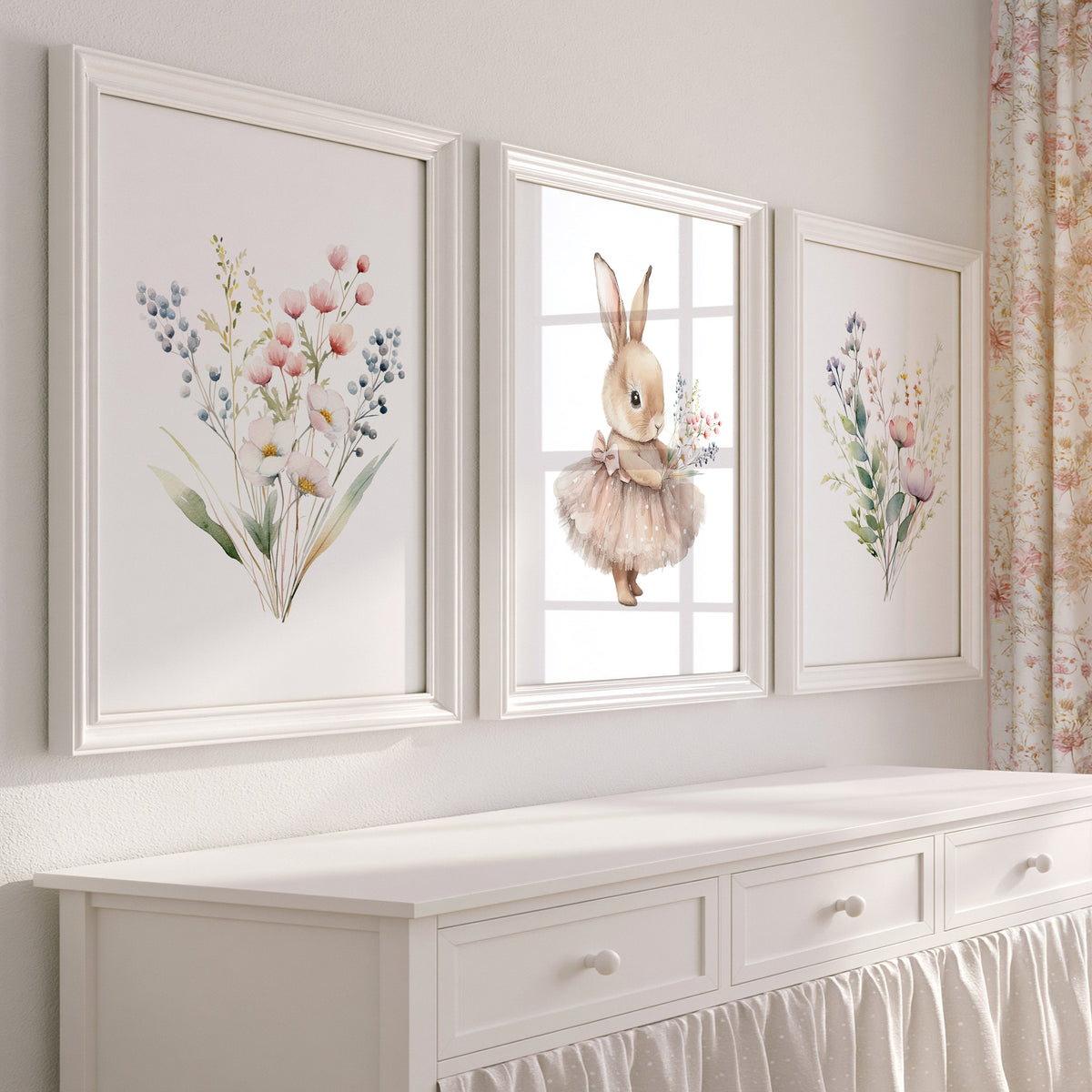 Woodland nursery wall art set of 3 with bunny girl centre print and coordinating wildflower bouquet prints