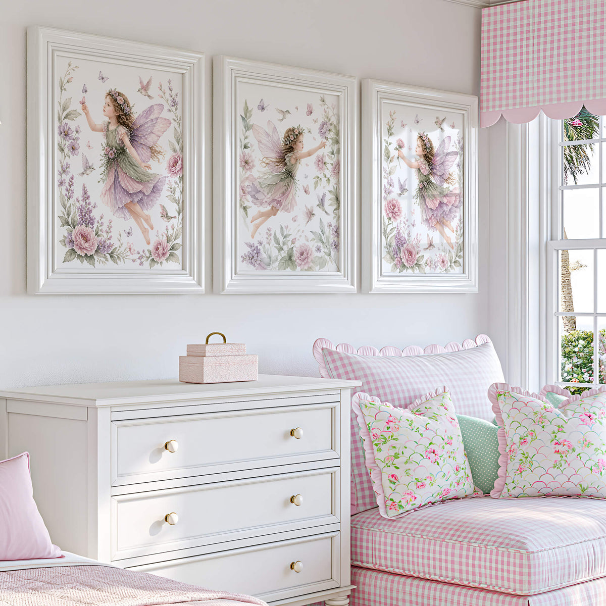 girls nursery print with fairy theme and pastel floral design
