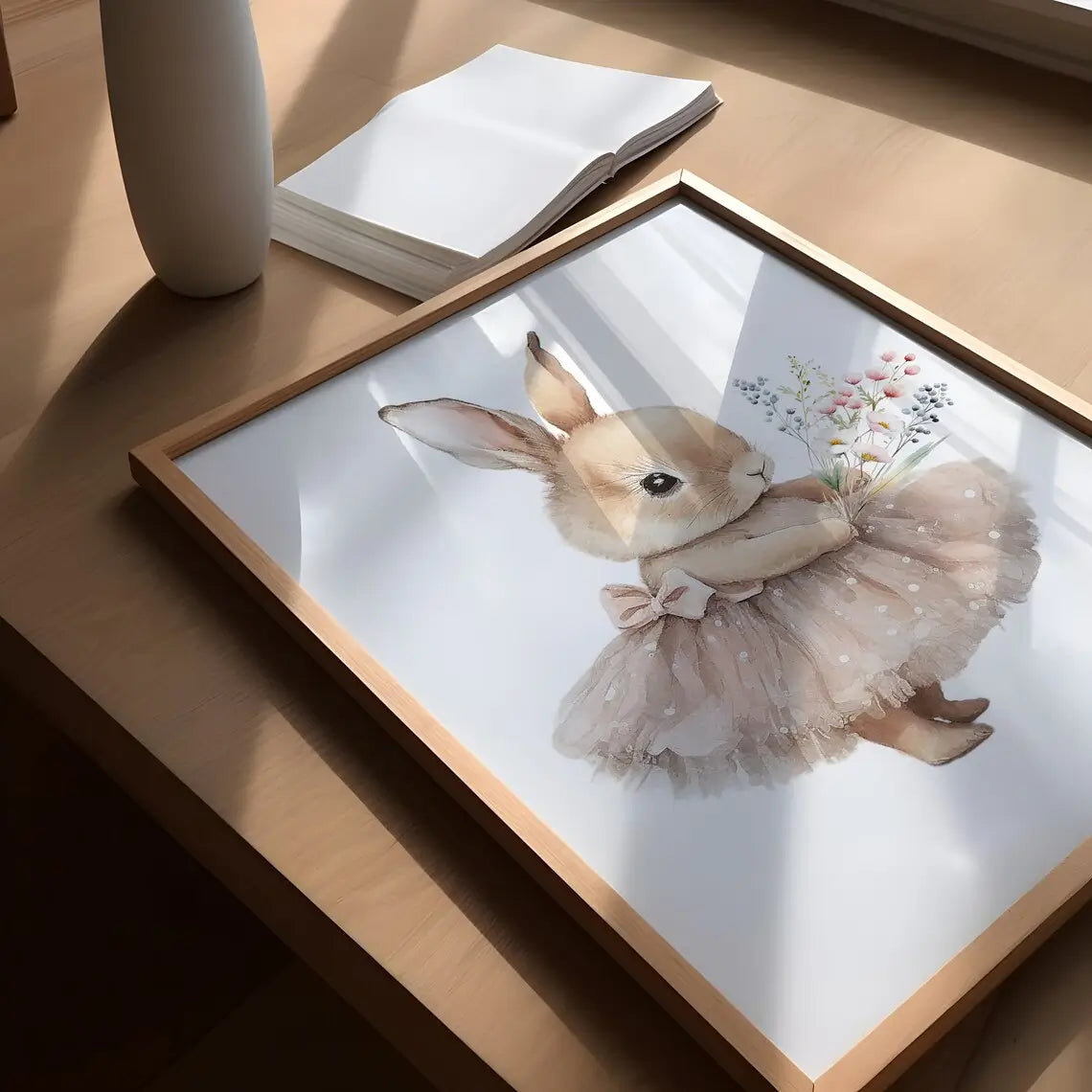 Nursery Prints trio. Featuring a sweet bunny dressed in a tutu and clutching a bouquet of wildflowers,
