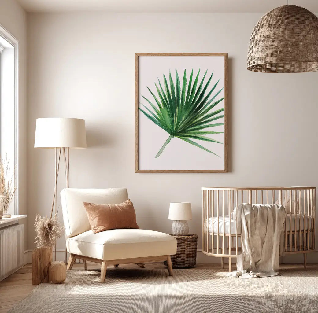 Green palm frond art print, part of tropical safari nursery collection, single botanical illustration