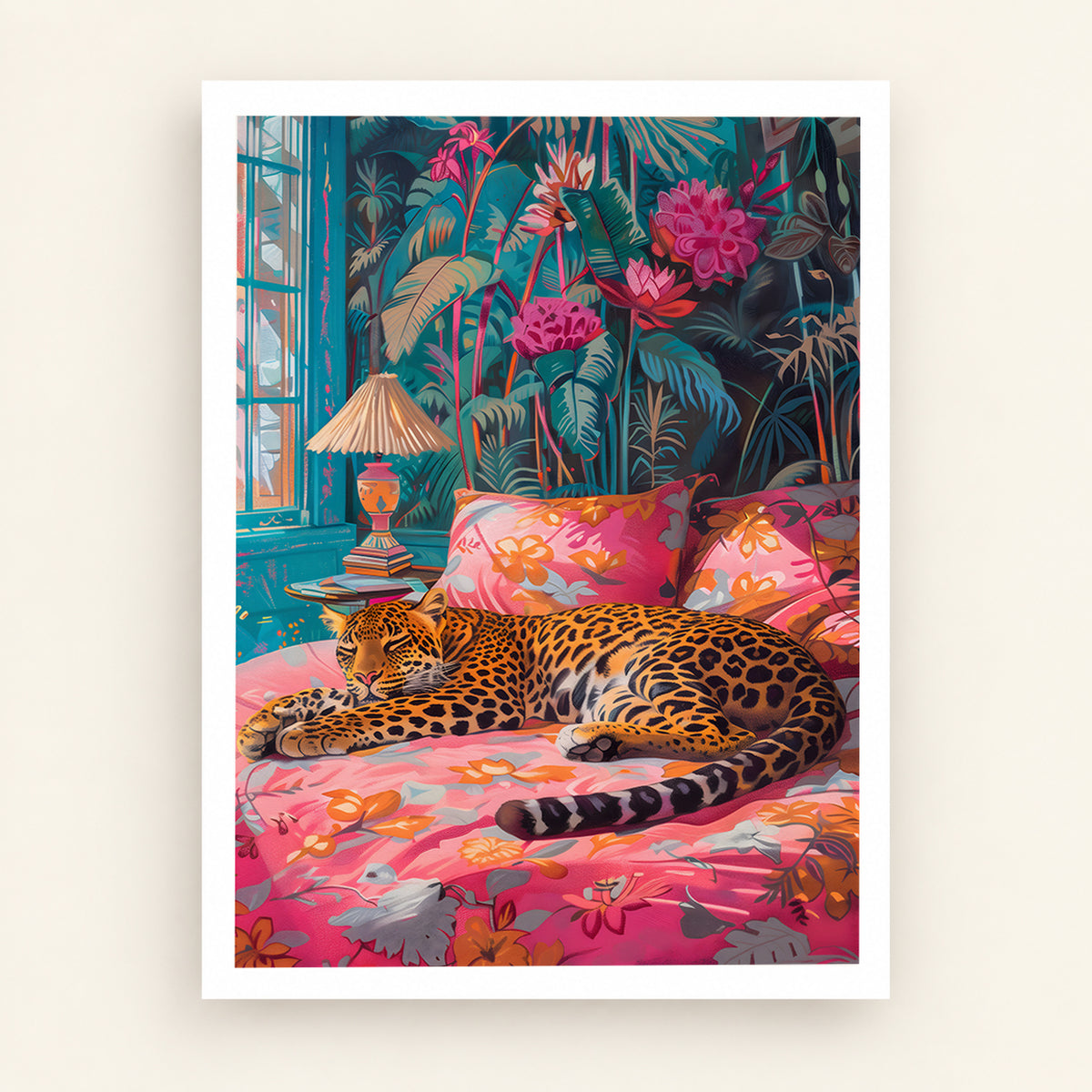 Colourful sleeping leopard wall art with vibrant pink floral bedding and lush tropical foliage