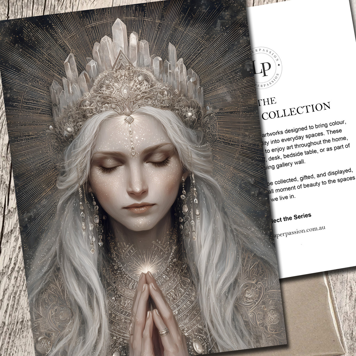 New age goddess wall art A5 print featuring feminine figure with crystal crown and calm prayer pose