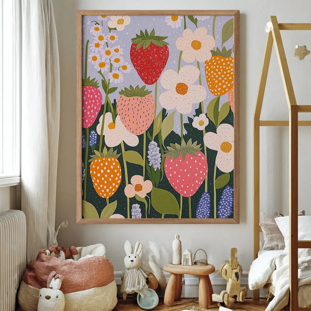 “Colourful modern strawberry wall art for kids’ room