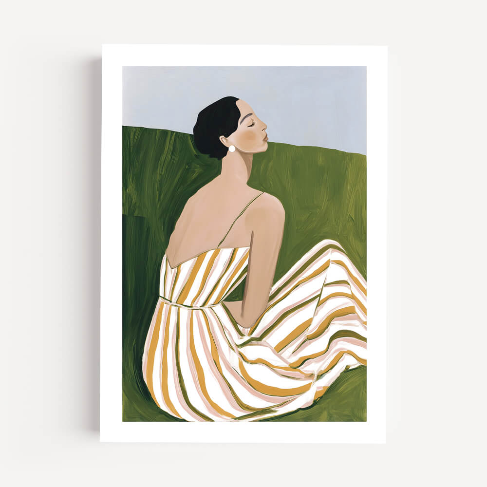 Minimalist wall art print of a seated woman in a striped summer dress, unframed, ideal for personal framing or gallery walls.