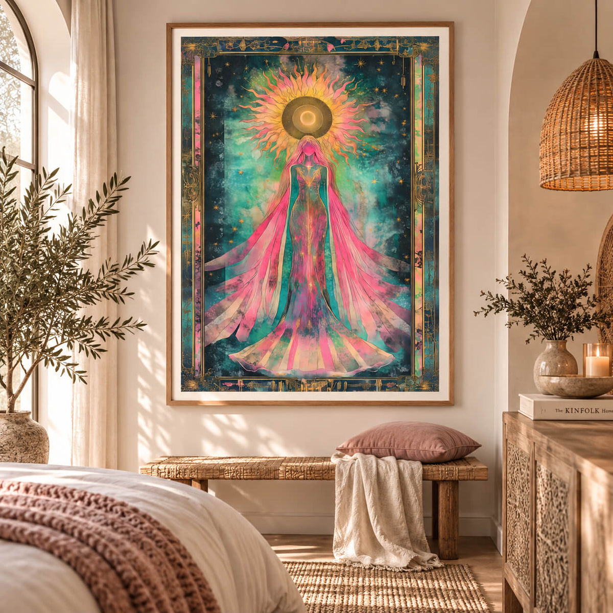 Celestial goddess wall art featuring a mystical sun figure in pink and teal, displayed in a natural timber frame in a boho bedroom
