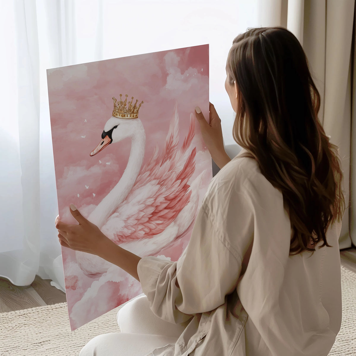 Whimsical swan princess illustration with pastel pink feathers