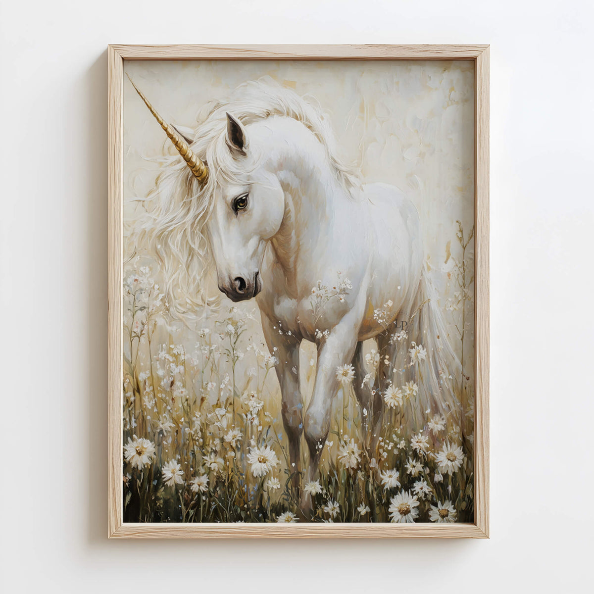 Magical white unicorn in a dreamy wildflower field, kids bedroom art print