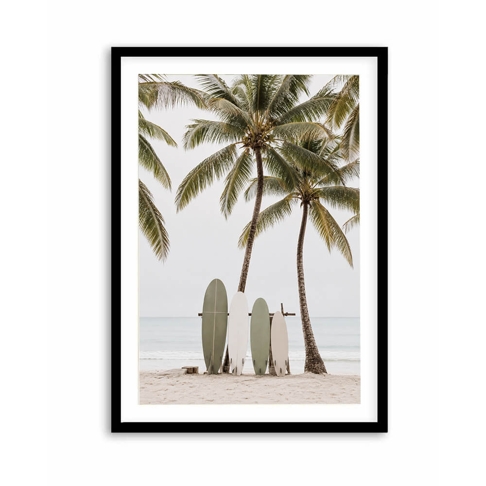 Coastal surfboard wall art with palm trees