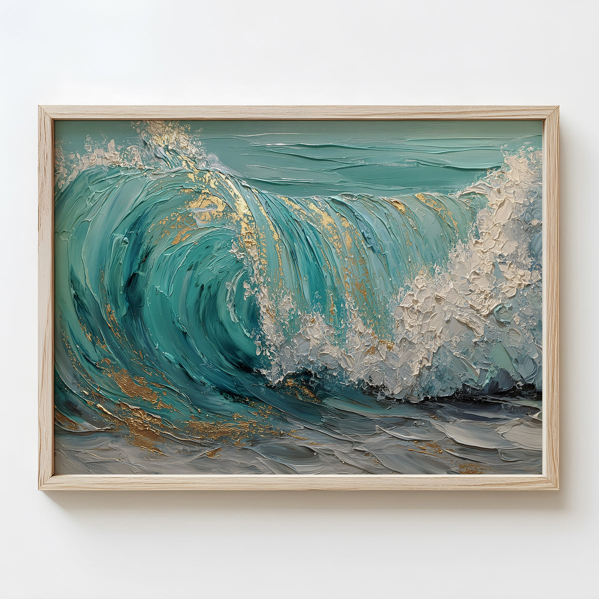 Framed wave art in oak, white, or black frame options