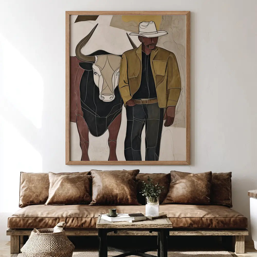 Abstract cowboy wall art with western rustic style and soft neutral colours