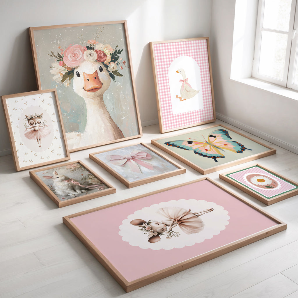 whimsical wall prints for girls nursery or bedroom collection of whimsical animals and soft pastel prints