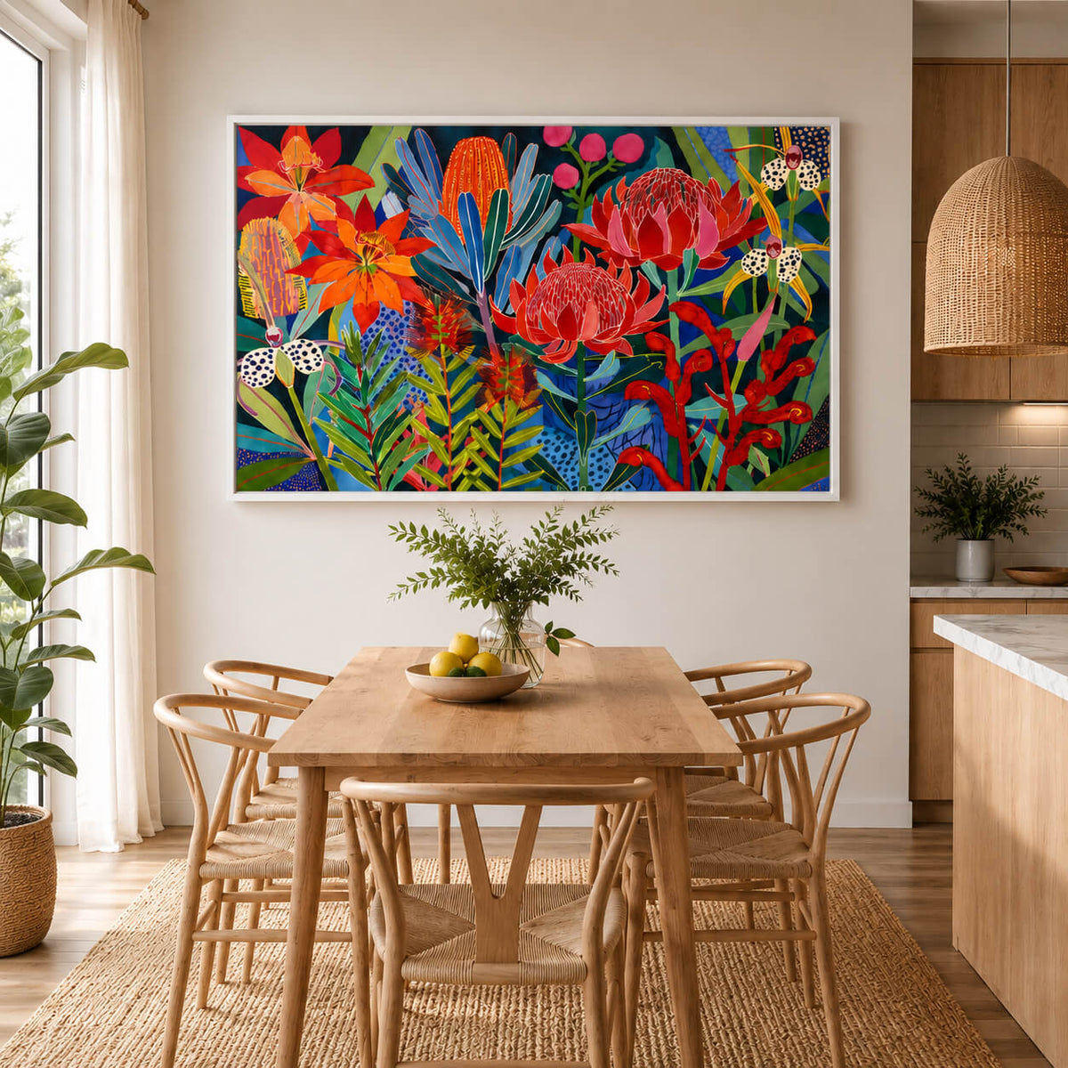 olourful Australian native floral canvas wall art displayed in a modern white frame
Black: