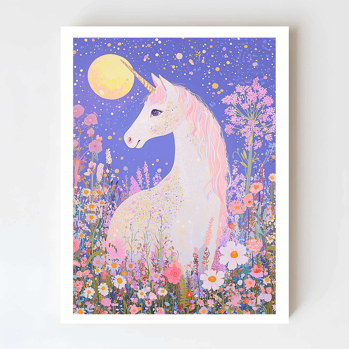 Whimsical wall art for kids featuring a unicorn and blossoms