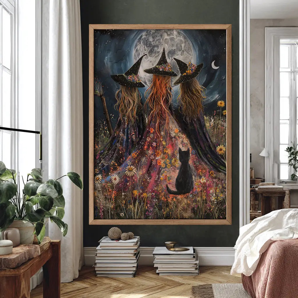Mystical witch trio with full moon and cat art print