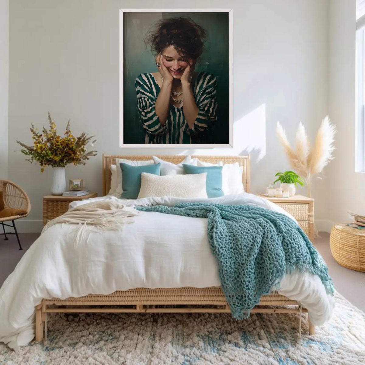 Emerald green woman portrait poster, stylish feminine wall decor with messy bun and striped shirt