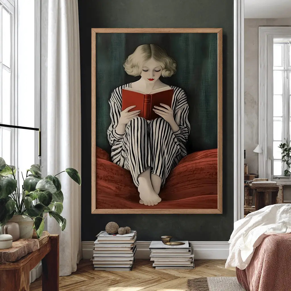 Modern contemporary art print of a woman reading a book, with emerald green and red accents