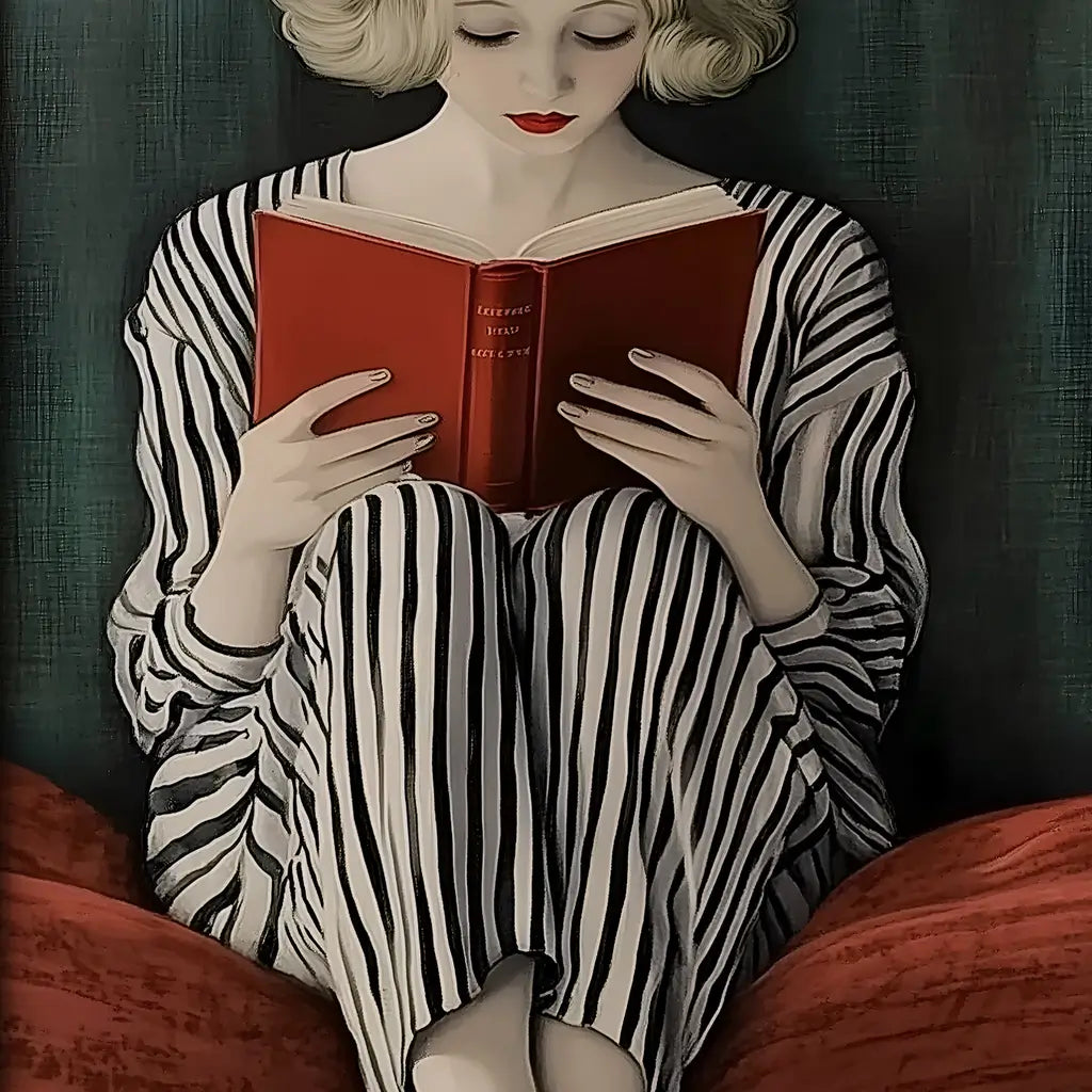 Art print showing a woman sitting and reading, styled in modern contemporary colours of deep green and muted red