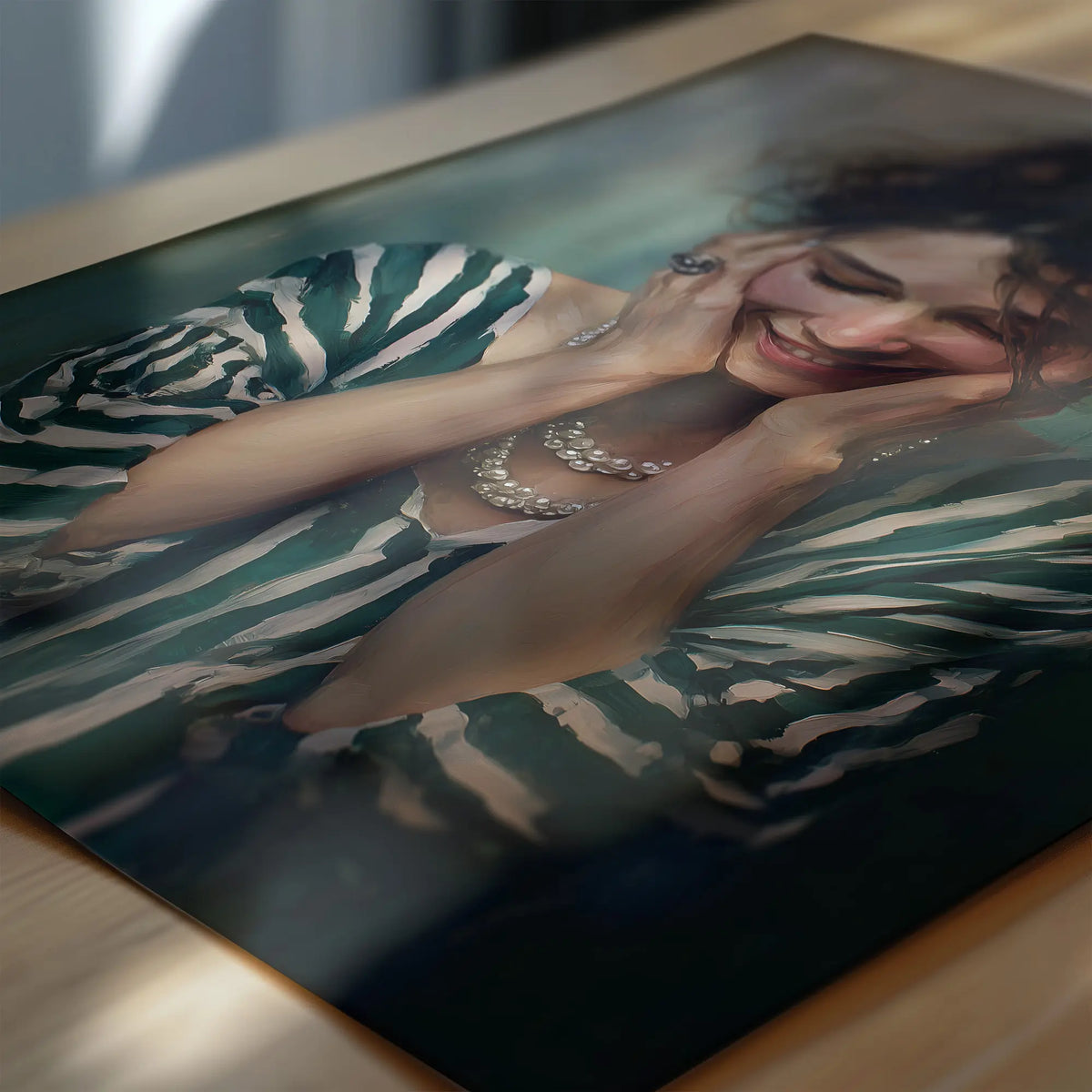 Smiling female portrait painting, contemporary home decor art print in modern green tones