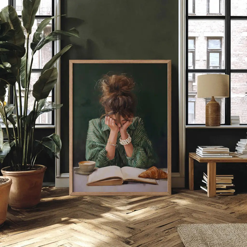 Emerald green abstract woman portrait with minimalist design reading and having a coffee -green striped shirt