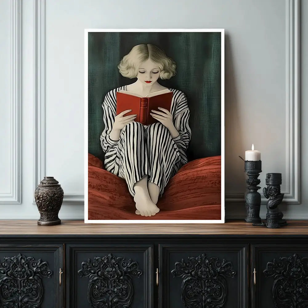 Art print of a woman peacefully reading, featuring minimalist lines and rich emerald and red tones in a white frame