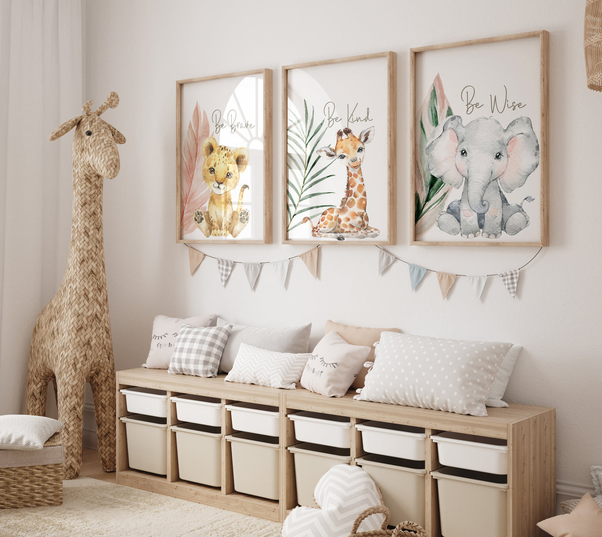 Safari baby animal wall art set with pink accents for girl's nursery