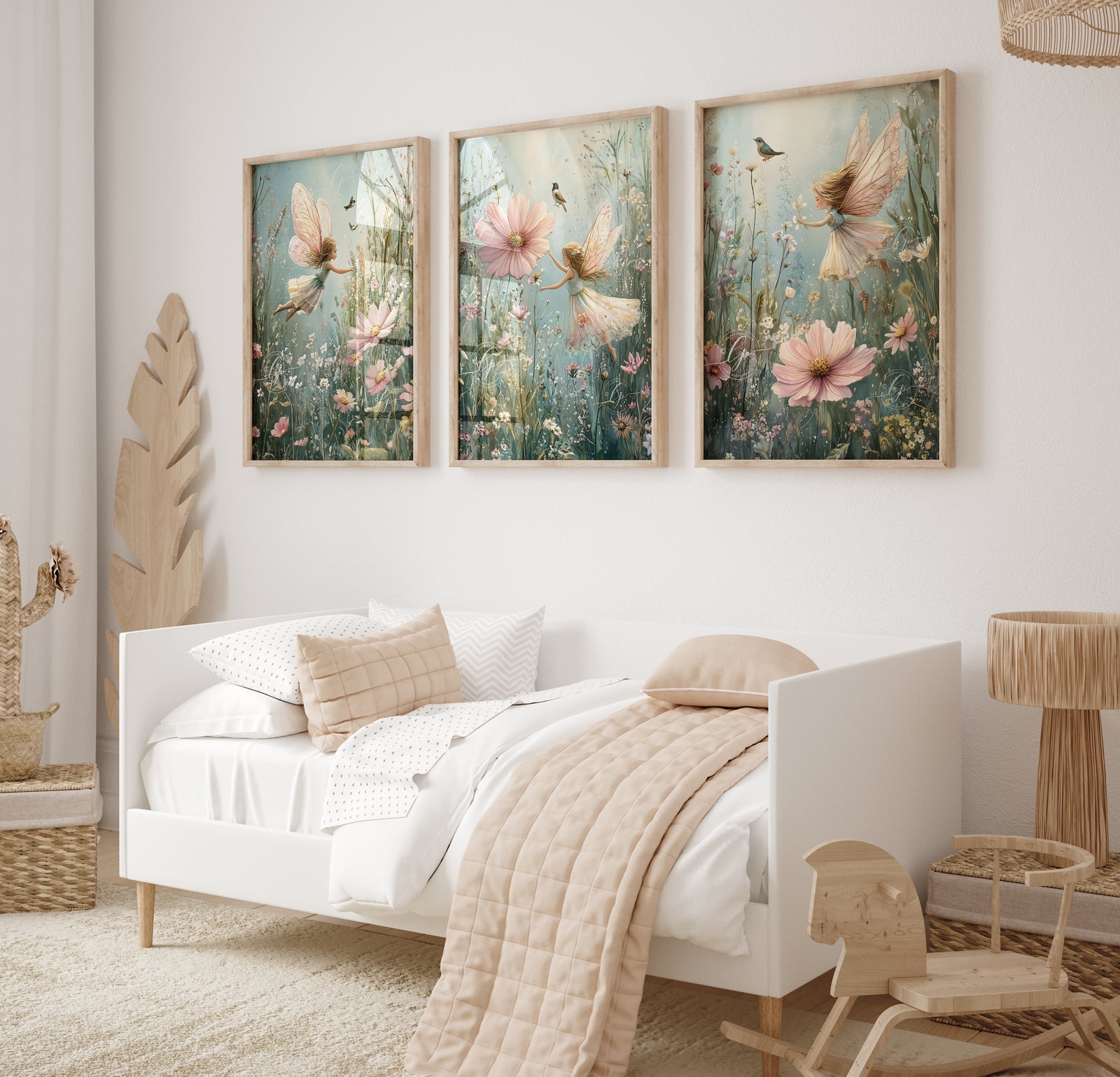 Whimsical Fairy Wall Art for girls bedroom or nursery in sage and pink colours